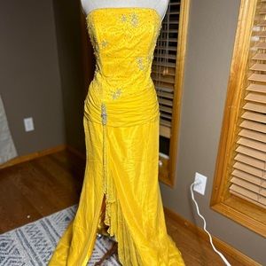 Glam Gurlz Yellow Strapless Beaded Dress with leg slit Formal